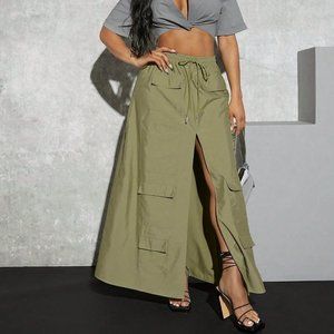 Army Green Casual Womens Flap Pocket Split Thigh Drawstring Waist Cargo Skirt